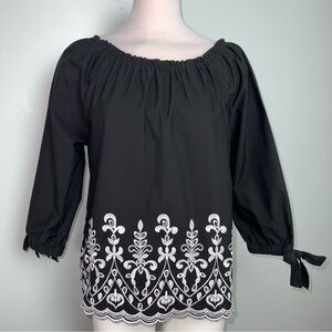 Talbots Black Off Shoulder Embroidered Boho Peasant Blouse Top Shirt Size Large